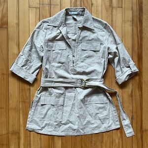 Saint Tropez West Linen Utility Belted Shirt Dress 3/4 Sleeve Beige size Small